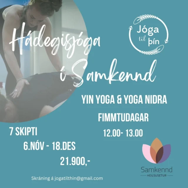☆ Hádegis Yin&Nidra☆

​Gefðu eftir - bráðnaðu inn í hverja upplifun í líkama og huga og finndu orkuna endurnýjast
Úr amstri dagsins er gott að stíga inn í umvefjandi hlýjuna í jógasalnum í Samkennd. 

Gefðu líkamanum og huganum næringu sem skilar sér margfalt til baka.

Í þessum rólega hádegistíma sameinum við yin jóga og jóga nidra, tvær áhrifaríkar leiðir til að losa um spennu, mýkja líkama og huga og koma betra jafnvægi á.

Fyrri hluta tímans hvílum við í yin stöðum, mjúkum teygjum sem við höldum í nokkrar mínútur í senn. Teygjurnar og tíminn vinnur með okkur til að mýkja bandvefskerfið og auka orkufæðið í líkamanum. Hér æfir þú þig í að hlusta á skilaboðin sem líkaminn er að senda þér.
Svo tekur við jóga nidra djúpslökun þar sem þú færð tækifæri til að gefa fullkomlega eftir.
Hér leyfirðu þér að vera, finna, taka á móti og sleppa - algjörlega mæta þér þar sem þú ert.
Hentar öllum sem vilja rólega og endurnærandi hreyfingu sem bæði mýkir líkama og sál.

Næsta námskeið:
6. nóv - 18. des
​
​Fimmtudaga frá 12.00 til 13.00​
​Verð: 21.900,- kr. - 7 skipti
​
Hægt er að taka Hádegistvennu og bóka sig bæði á mánudögum í nidra og fimmtudögum í yin&nidra og eru þá þessi tvö námskeið saman á 39.900,- kr.​
​
Skráning í skilaboðum eða á jogatilthin@gmail.com
